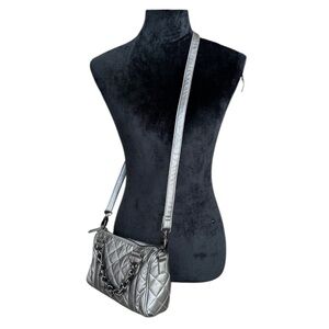Poppie Jones Chic Silver Quilted Crossbody Shoulder Bag silver metallic